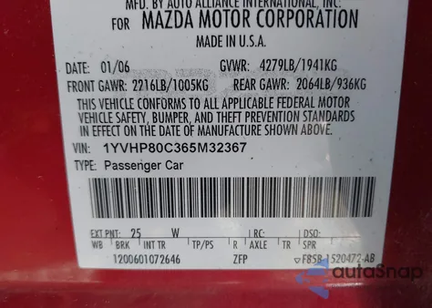 2006 Mazda Mazda6 I Sport z USA, uszkodzony, nr VIN 1YVHP80C365M32367